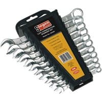 Siegen 11-piece silver combination spanner set in black holder with orange label, featuring open and ring ends.