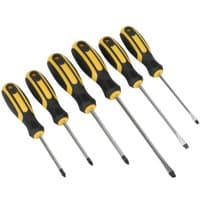 Six-piece Siegen screwdriver set with black and yellow soft grip handles and chrome-plated shafts.