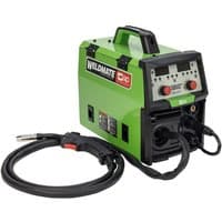 Green SIP Weldmate Autoplus 130A welder with digital display, control knobs, and attached black cables.