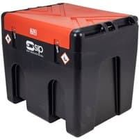 Black and orange SIP 430L portable diesel tank with high-flow 12V transfer pump and secure locking latches.