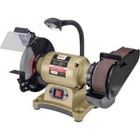 Beige SIP 8" x 2" bench grinder/linisher with flexible lamp, dual grinding wheels, and sanding belt attachment.