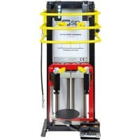 "SIP Pneumatic Coil Spring Compressor with red base, yellow safety bars, and black frame"