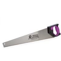 20” Spear & Jackson hand saw with silver blade, black and purple ergonomic handle, and printed logo on the blade.