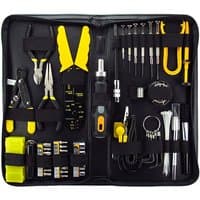 Black and yellow Sprotek STK-8918 mechanics tool set with 58 tools, including pliers, screwdrivers, and wrenches.
