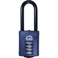 Squire CP5025 padlock with long black shackle, blue body, and four-digit combination dials.