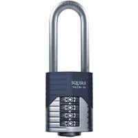 Squire VULCAN COMBI 50mm padlock with long boron shackle, dark blue body, and four-digit combination dial.