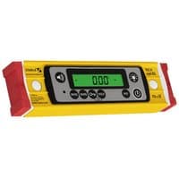 Yellow Stabila digital spirit level with red end caps and LCD display, 23cm long.