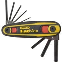 Stanley FatMax folding hex key set with black and yellow handle, eight extended hex keys, and red locking buttons.