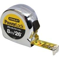Stanley Powerlock Tape Measure 8m with chrome casing, yellow blade, and black lock button.