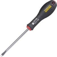 Black-handled Stanley FatMax flared screwdriver, 5.5 × 100mm, with yellow logo and chrome-plated shaft.