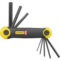 Black and yellow Stanley folding hex key set with eight metric Allen keys extended.