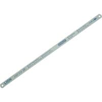 Stanley carbon steel hacksaw blade, white with blue text and arrow, rectangular and thin design.