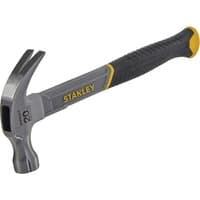 Stanley curved claw hammer with fibreglass handle, black grip, and yellow accents.