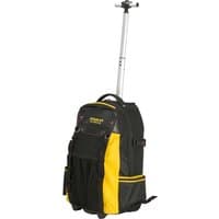 Black and yellow Stanley FatMax rolling trolley tool backpack with extendable handle and multiple pockets.