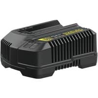 Black Stanley FATMAX V20 18V charger with yellow accents and ribbed cooling vents.
