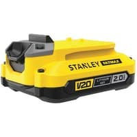 Yellow Stanley FATMAX V20 18V lithium-ion battery with black base and V20 2.0AH label on the side.