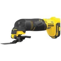 Yellow and black Stanley Fatmax V20 cordless multi-purpose tool with ergonomic grip and interchangeable blade attachment.