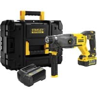 Yellow and black Stanley FatMax cordless hammer drill with kit box, 4Ah battery, and charger.