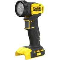 Black and yellow Stanley FatMax V20 18V cordless torch with ergonomic grip and adjustable head.