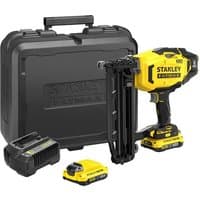 Yellow and black Stanley FatMax cordless finishing nailer with kit box, charger, and two 18V 2Ah batteries.