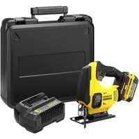 Yellow and black Stanley Fatmax V20 18V jigsaw with 4Ah battery, charger, and black kit box.
