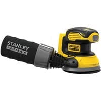 Yellow and black Stanley Fatmax cordless random orbital sander with ergonomic grip and dust collection bag.