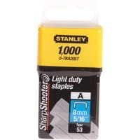 Stanley Light Duty Staples pack, yellow and black box, contains 1,000 staples, 8mm size, Type 53.