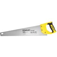 Stanley Sharpcut hand saw with silver blade, yellow and black ergonomic handle, and 500mm length.
