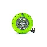 Green STATUS cable reel with 2 sockets, 10m extension, black plug, heavy-duty, thermal cut-out, ideal for outdoor use.