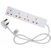 White Target power extension with 4 AC outlets, 2-meter cord, and angled plug.