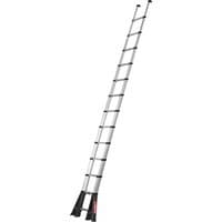 Telescopic lean-to ladder with folding stabilisers, 13 steps, 80 mm step depth, sleek silver design with black base.