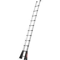 Telesteps ladder with 11 steps, silver frame, black folding stabilisers, 80 mm step depth, extended position.