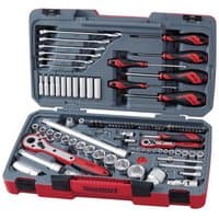 Red and black Teng Tools 95-piece socket set with ratchets, wrenches, and screwdrivers in a hard plastic case.