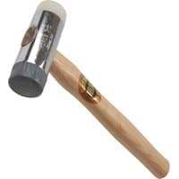 Thor hammer with wooden handle, dual soft white and hard gray plastic faces, and metallic center.