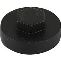 Black TIMCO hex head cover cap, 19mm diameter, with a smooth round base and raised hexagonal center.