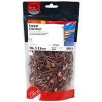 Copper clout nails in a clear plastic bag with red and black TIMCO branding, size 50 x 3.35 mm.