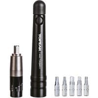 Black Topeak Nano TorqBar X torque wrench with silver bits and black handle, includes six interchangeable tool bits.
