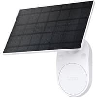 TP-Link Tapo solar panel with black grid surface, white frame, and Type-C charging port on a rounded white mount.