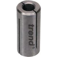 Metallic cylindrical collet sleeve by Trend with engraved logo and slotted design, fits 8mm to 9.5mm tools.
