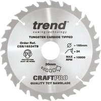Trend Craft 165mm saw blade with 24 teeth, silver finish, 30mm bore, tungsten carbide tipped, labeled CraftPro.