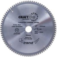 Circular silver saw blade with 58 teeth, labeled "Trend CSB/AP18458A," designed for cutting aluminum and plastic.