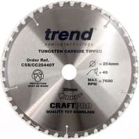 Round silver Trend craft saw blade, 254x30mm, 40 teeth, tungsten carbide tipped, with printed specifications.