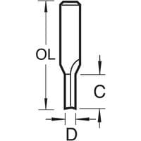 Two flute cutter with 2mm diameter, cylindrical shank, and cutting edges, labeled dimensions OL, C, and D.
