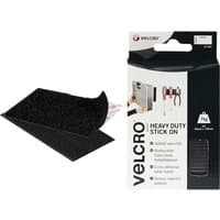 Velcro Heavy Duty Stick On Strips Black, rectangular, adhesive backing, in branded packaging with usage illustrations.