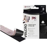 Black Velcro Heavy Duty Stick On Tape with adhesive backing, shown partially unrolled next to branded packaging.