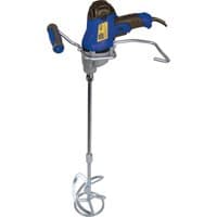 Blue and black Vitrex Power Mixer 850W with ergonomic handle and long silver mixing paddle.