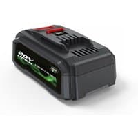Black Webb 20V 4Ah battery with red release button and green energy indicator label on the side.