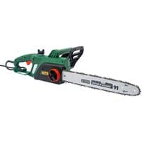 Green Webb 40cm electric chainsaw with black handle, orange accents, and silver blade, 2200W power, 230V plug.