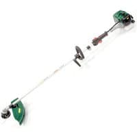 Green and black Webb BC26 petrol brushcutter with a long shaft and dual handles, featuring a cutting blade guard.