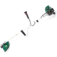 Green and black Webb BC33 petrol brush cutter with curved shaft, dual handles, and visible engine housing.